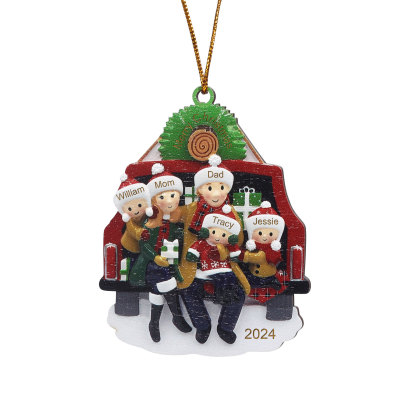 Navidad-Ornamento con muñecos de madera familia con regalos en coche 5 nombres, año y texto personalizados | Jessemade