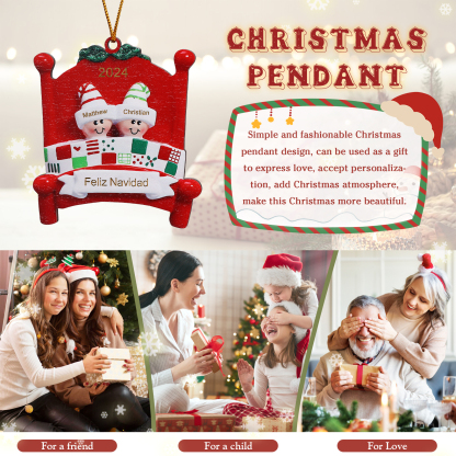 Navidad-Ornamento con muñecos de madera en cama 2 nombres, año y texto personalizados | Jessemade