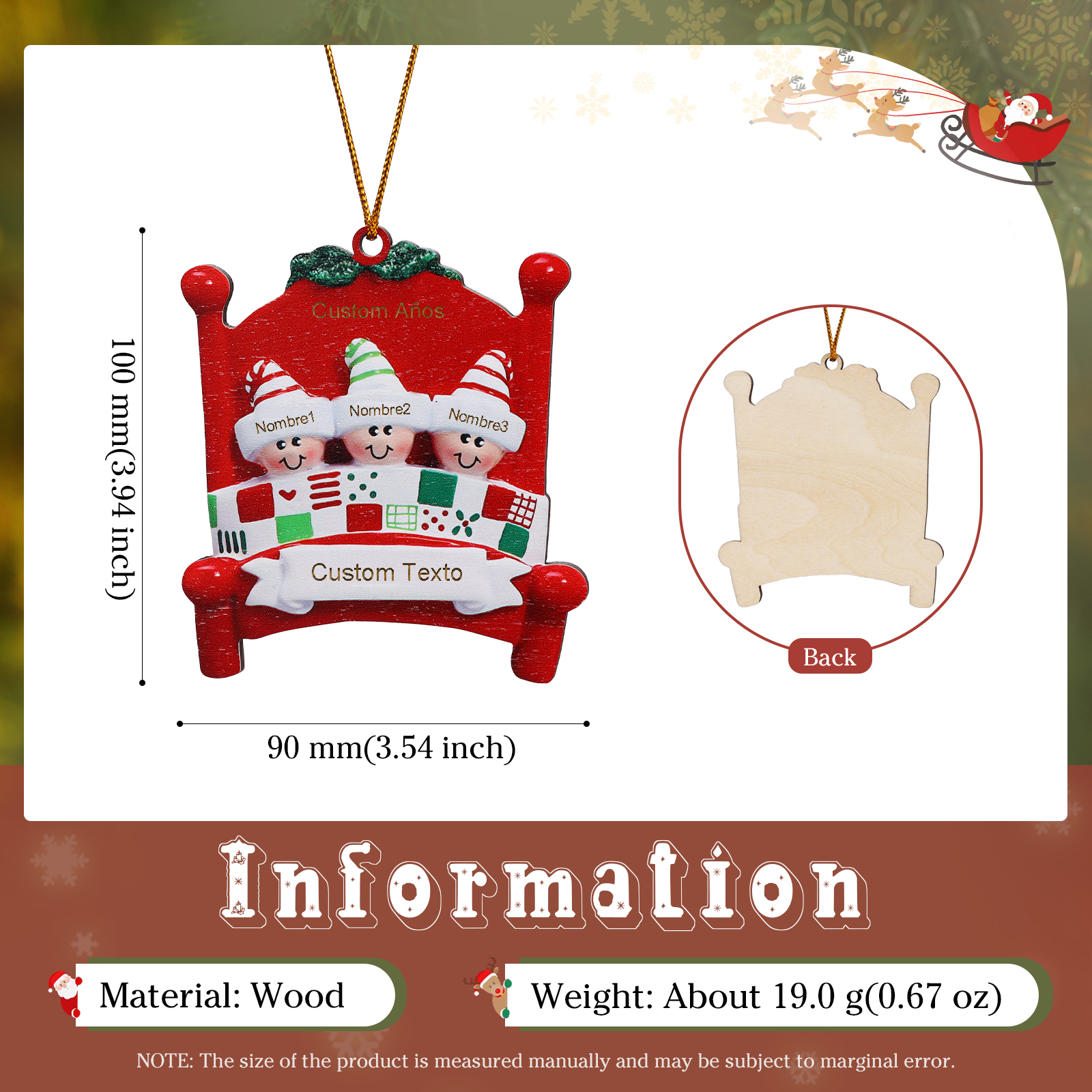 Navidad-Ornamento con muñecos de madera en cama 3 nombres, año y texto personalizados | Jessemade