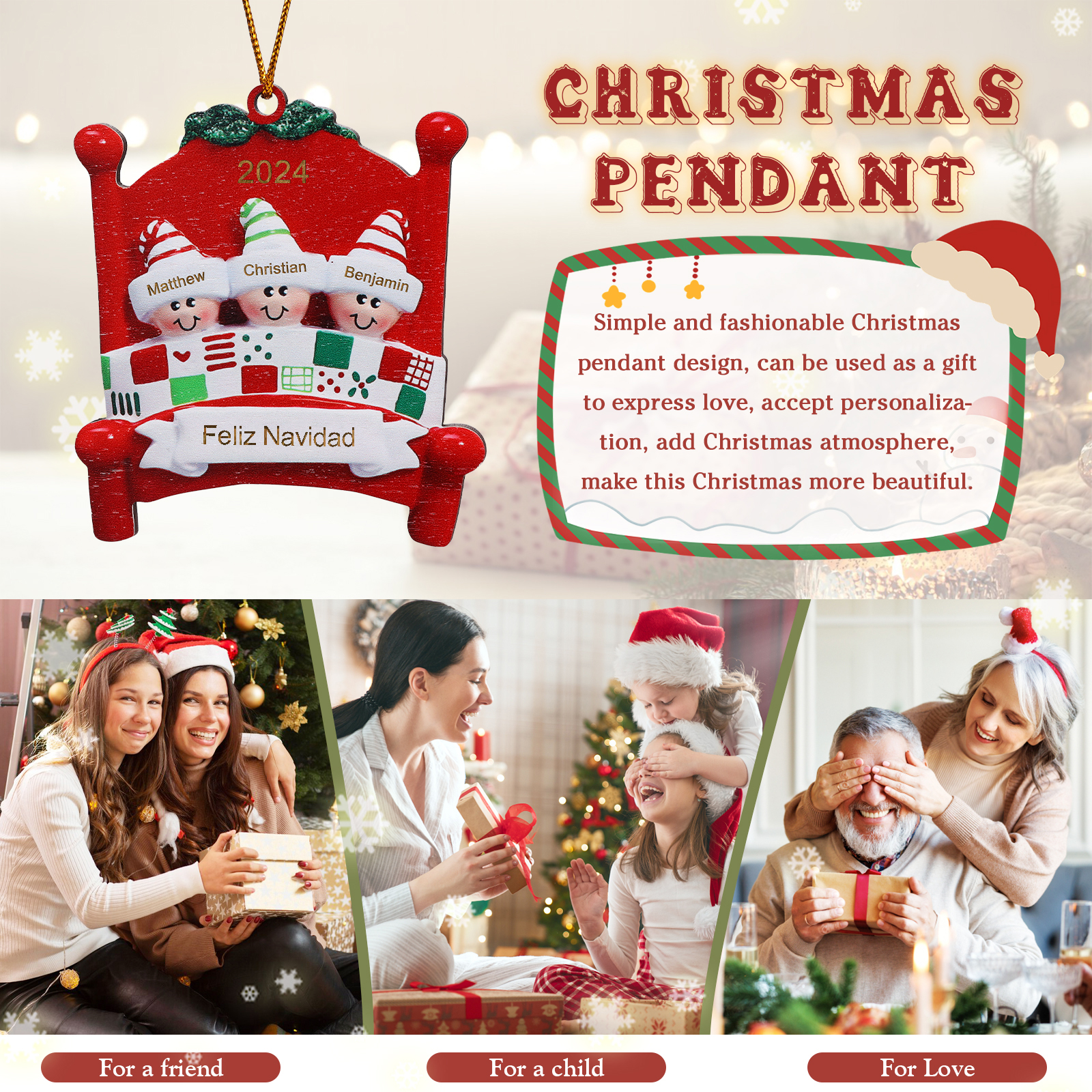 Navidad-Ornamento con muñecos de madera en cama 3 nombres, año y texto personalizados | Jessemade