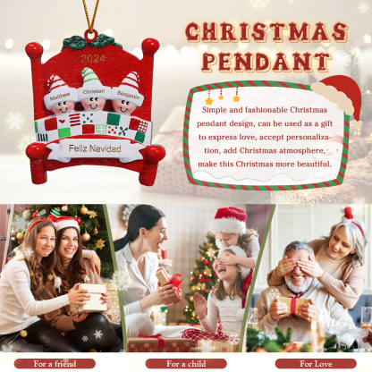 Navidad-Ornamento con muñecos de madera en cama 3 nombres, año y texto personalizados | Jessemade