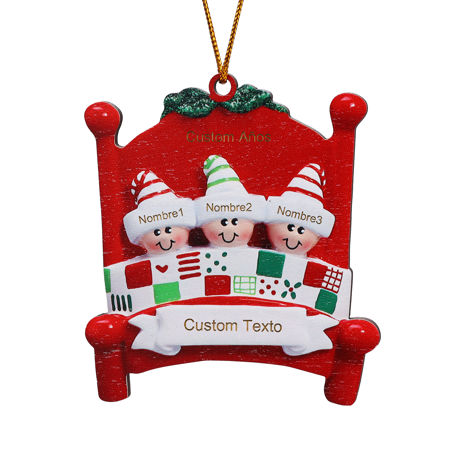 Navidad-Ornamento con muñecos de madera en cama 3 nombres, año y texto personalizados | Jessemade
