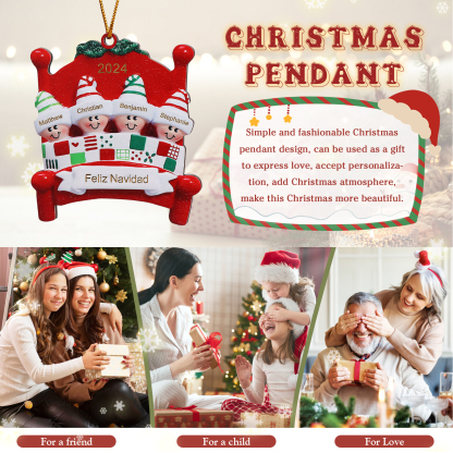 Navidad-Ornamento con muñecos de madera en cama 4 nombres, año y texto personalizados | Jessemade