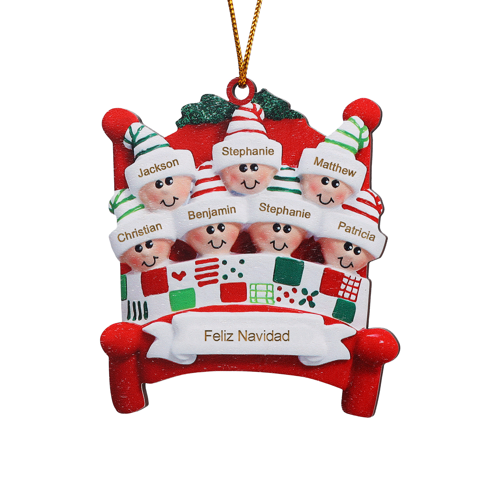 Navidad-Ornamento con muñecos de madera en cama 7 nombres, año y texto personalizados | Jessemade