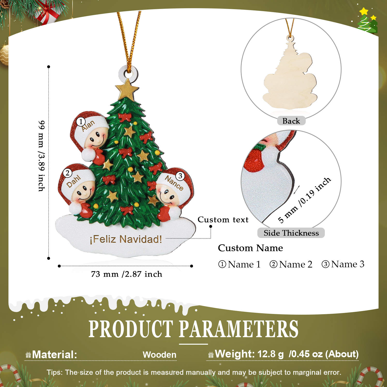 Navidad-Ornamento con muñecos de madera árbol 3 nombres y texto personalizados | Jessemade