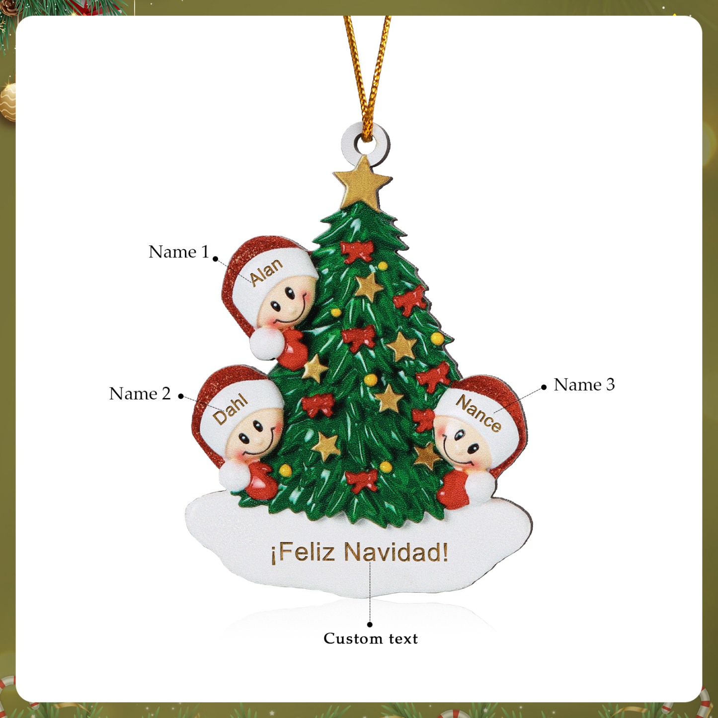 Navidad-Ornamento con muñecos de madera árbol 3 nombres y texto personalizados | Jessemade
