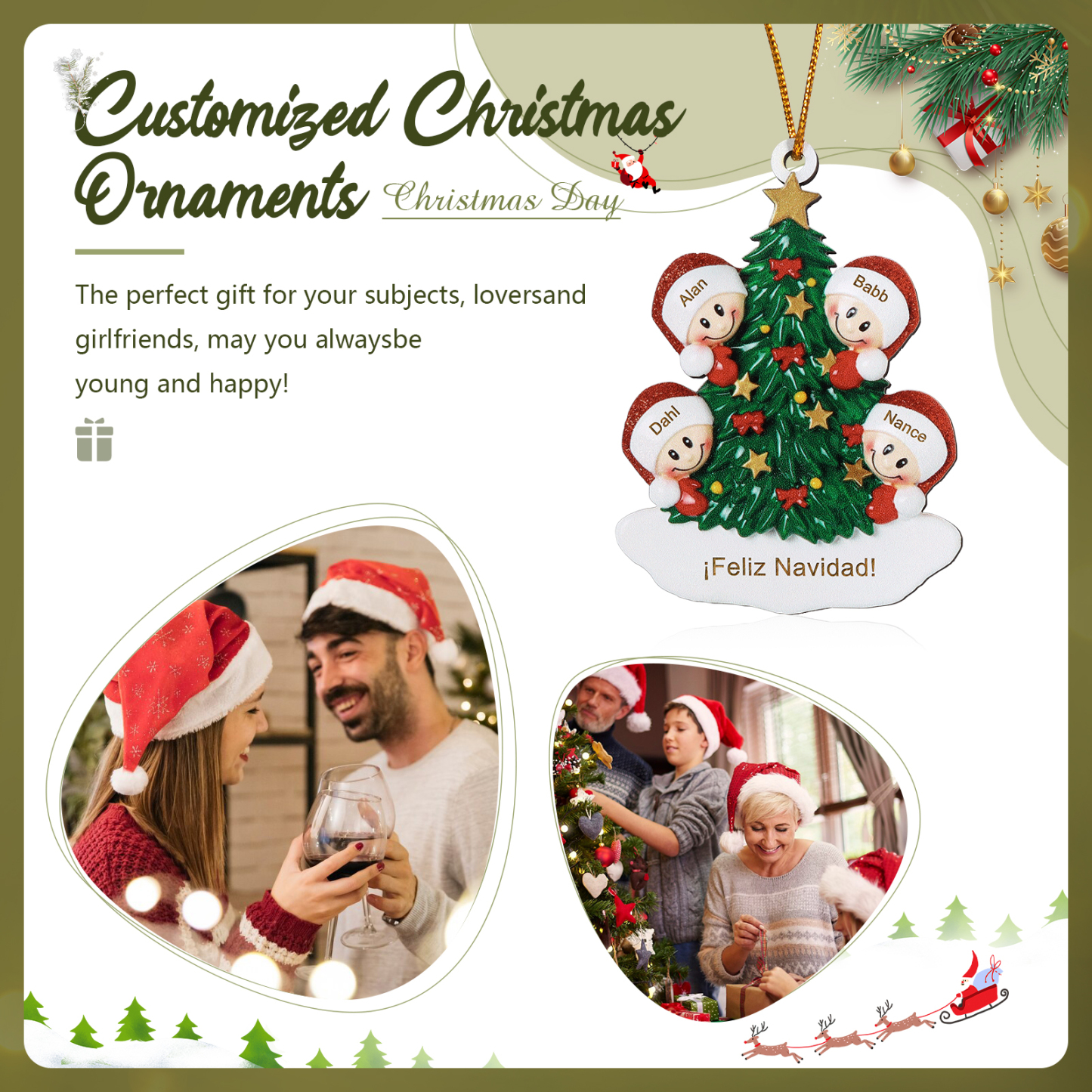 Navidad-Ornamento con muñecos de madera árbol 4 nombres y texto personalizados | Jessemade