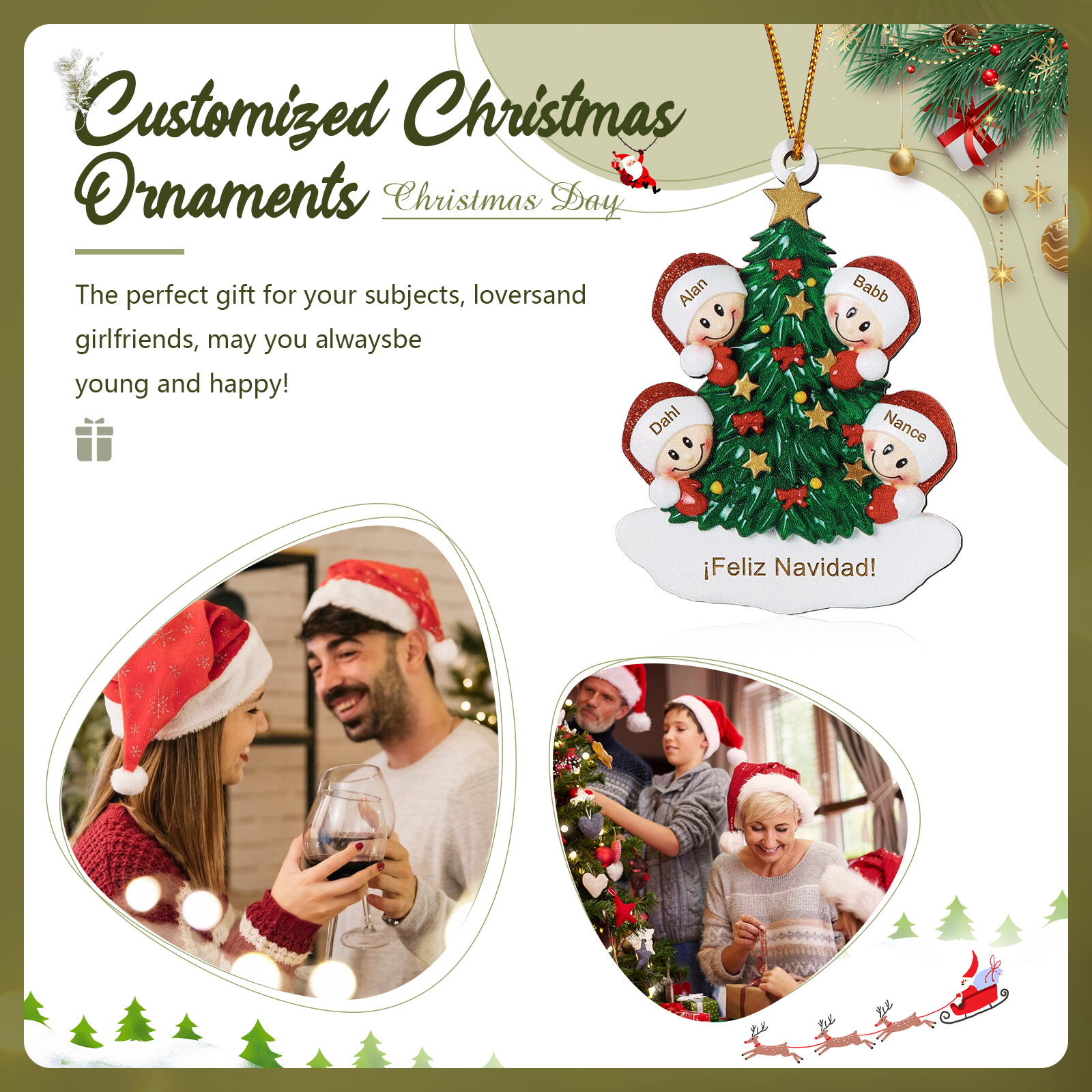 Navidad-Ornamento con muñecos de madera árbol 4 nombres y texto personalizados | Jessemade