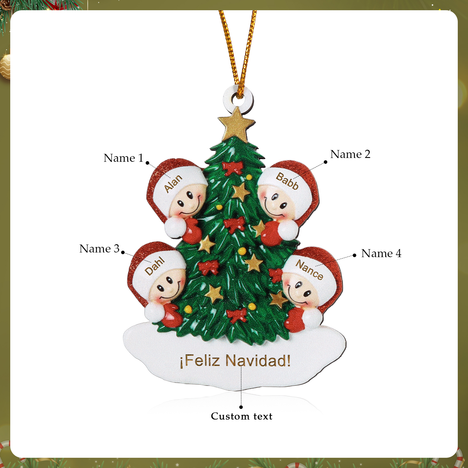 Navidad-Ornamento con muñecos de madera árbol 4 nombres y texto personalizados | Jessemade