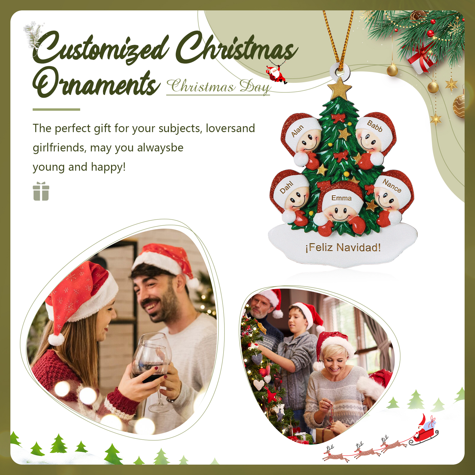 Navidad-Ornamento con muñecos de madera árbol 5 nombres y texto personalizados | Jessemade