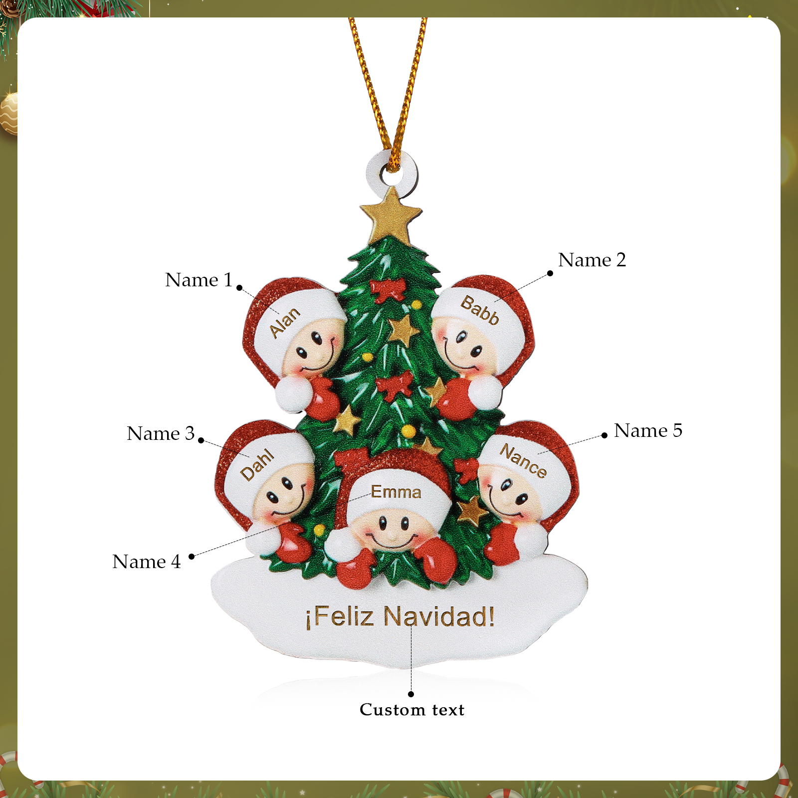 Navidad-Ornamento con muñecos de madera árbol 5 nombres y texto personalizados | Jessemade