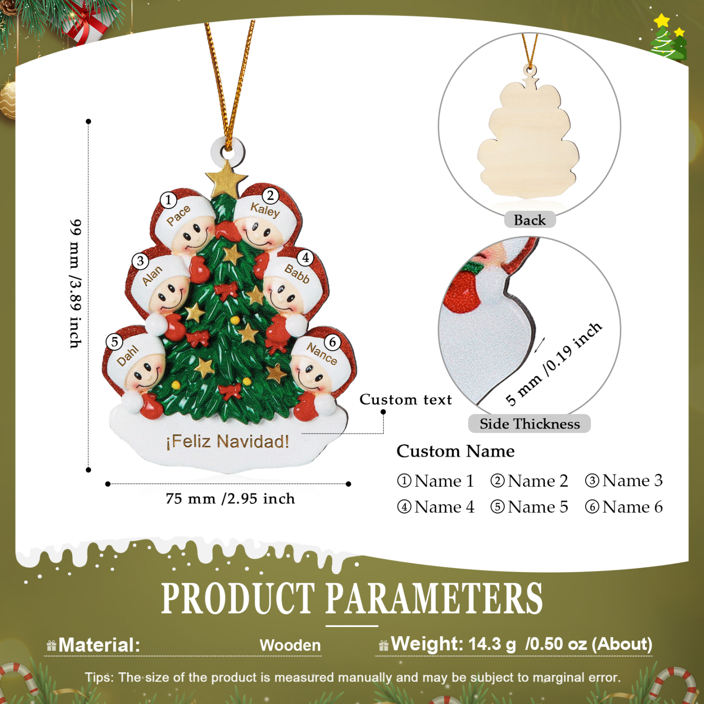 Navidad-Ornamento con muñecos de madera árbol 6 nombres y texto personalizados | Jessemade