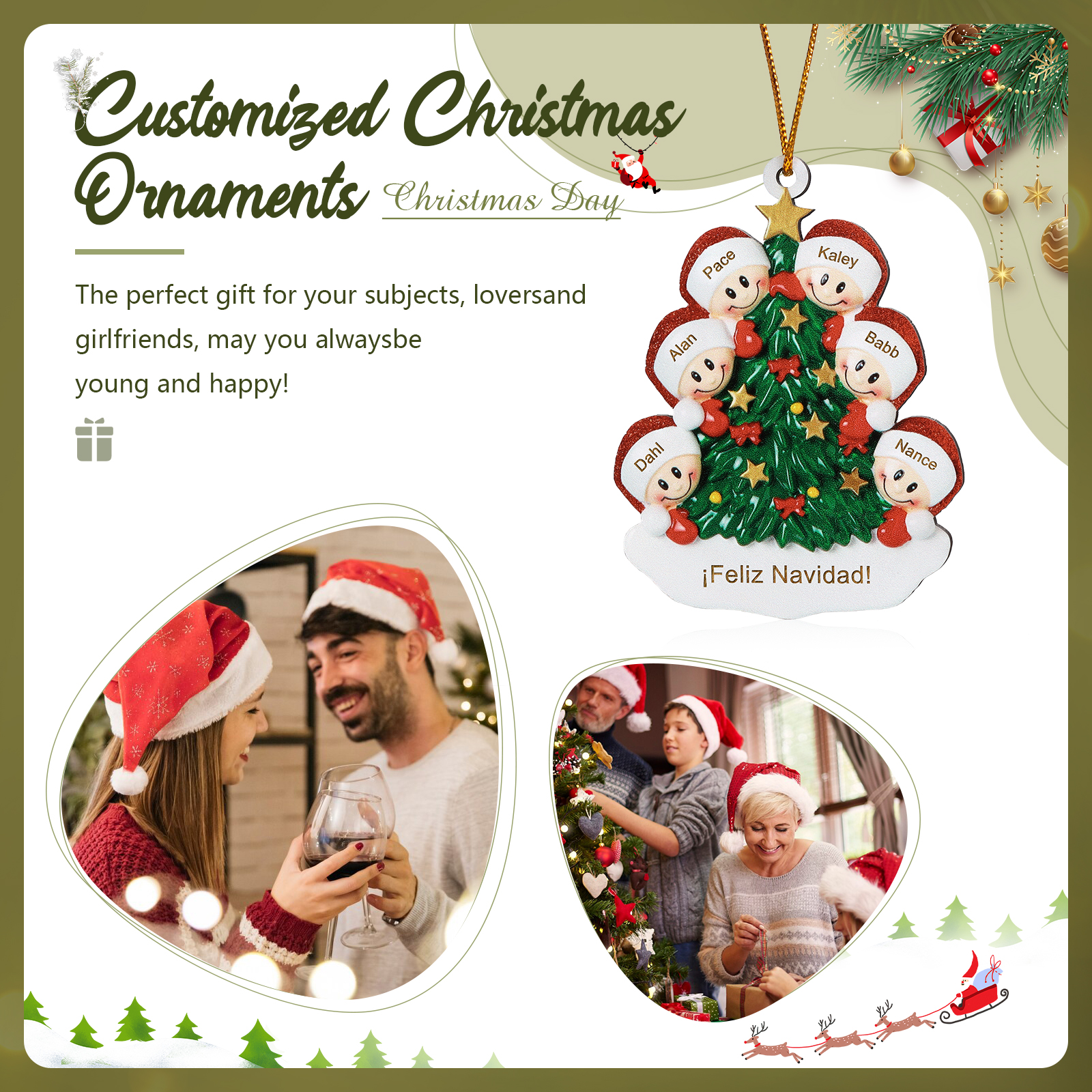 Navidad-Ornamento con muñecos de madera árbol 6 nombres y texto personalizados | Jessemade