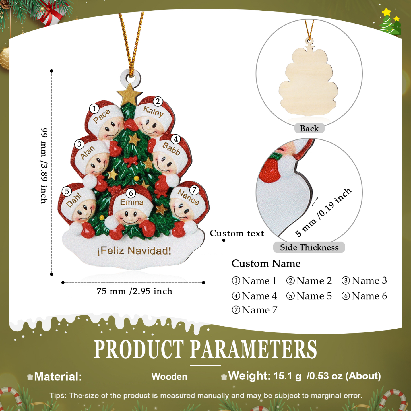 Navidad-Ornamento con muñecos de madera árbol 7 nombres y texto personalizados | Jessemade