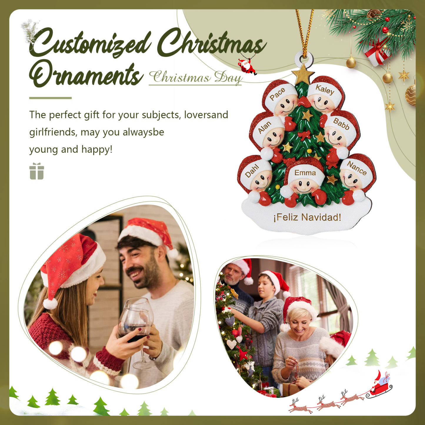 Navidad-Ornamento con muñecos de madera árbol 7 nombres y texto personalizados | Jessemade