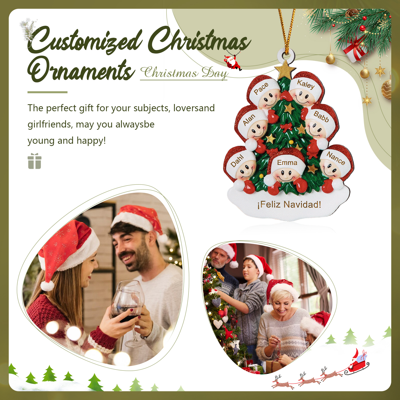 Navidad-Ornamento con muñecos de madera árbol 7 nombres y texto personalizados | Jessemade