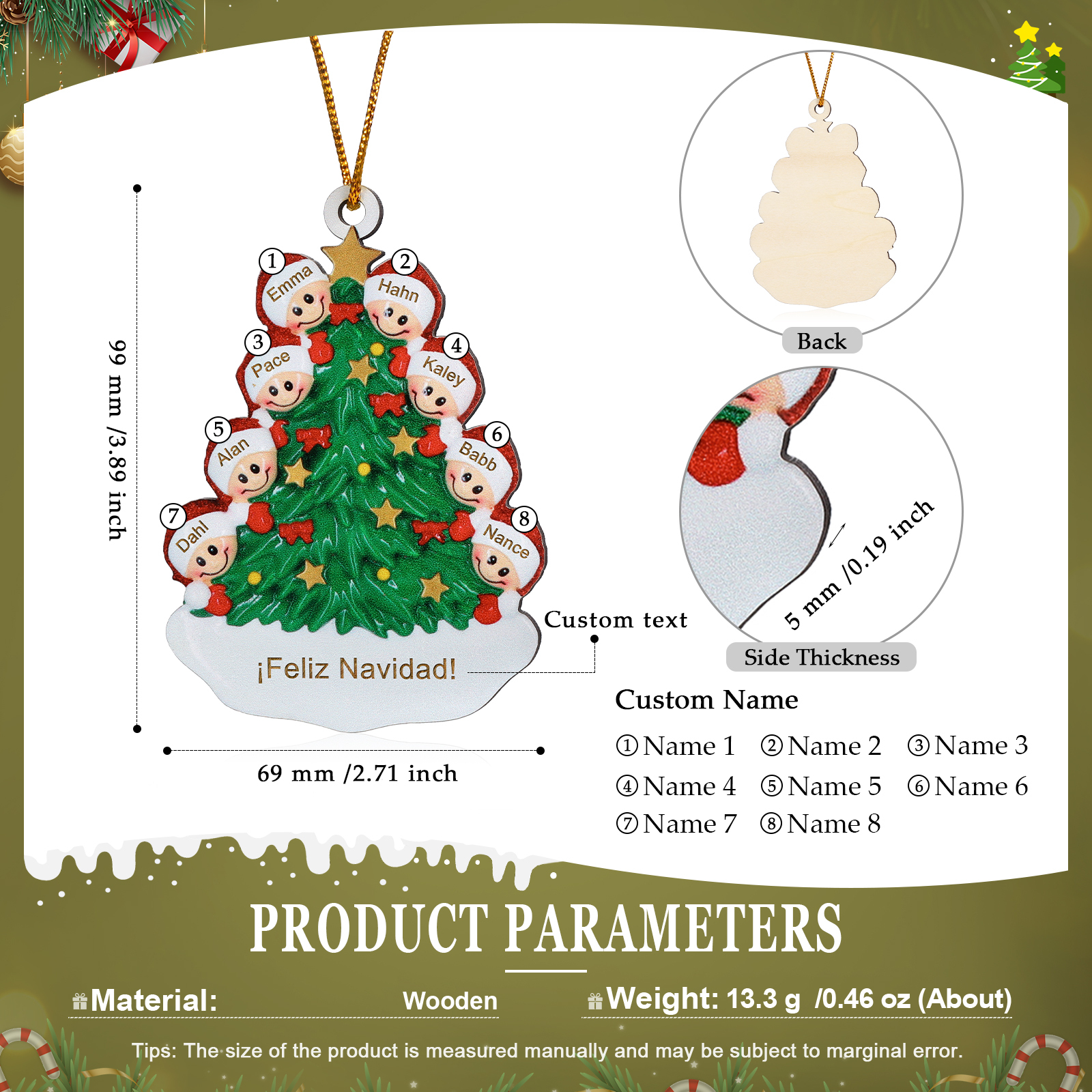 Navidad-Ornamento con muñecos de madera árbol 8 nombres y texto personalizados | Jessemade