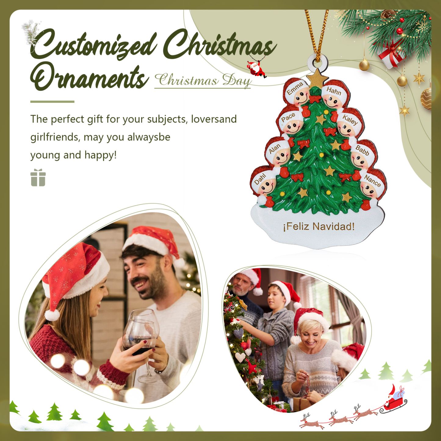 Navidad-Ornamento con muñecos de madera árbol 8 nombres y texto personalizados | Jessemade