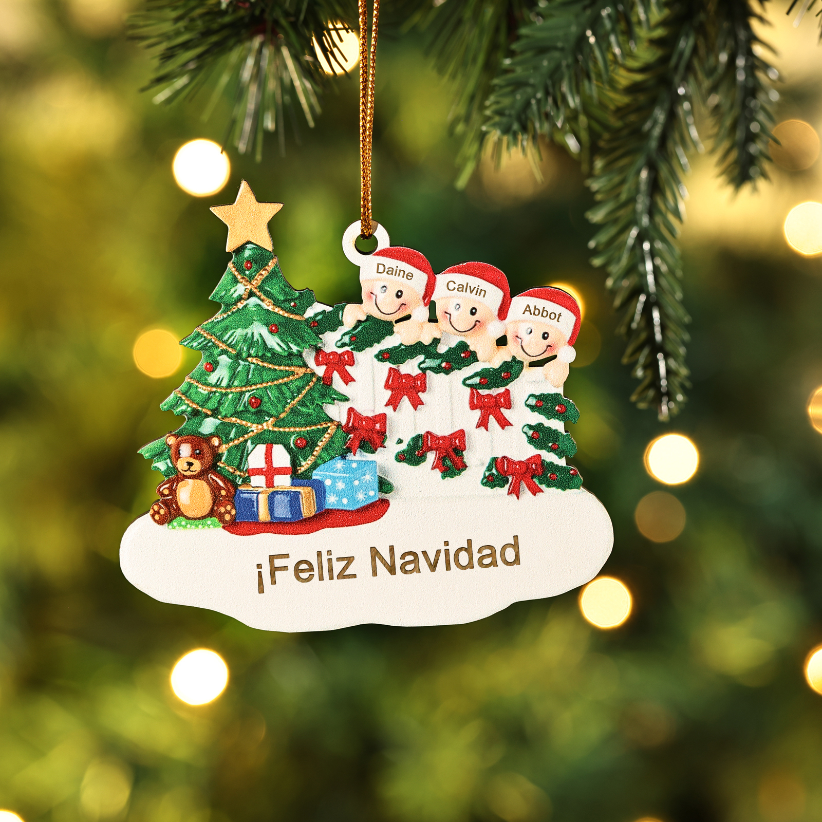 Ornamento Navideño 4 Nombres Personalizados Adorno de Madera