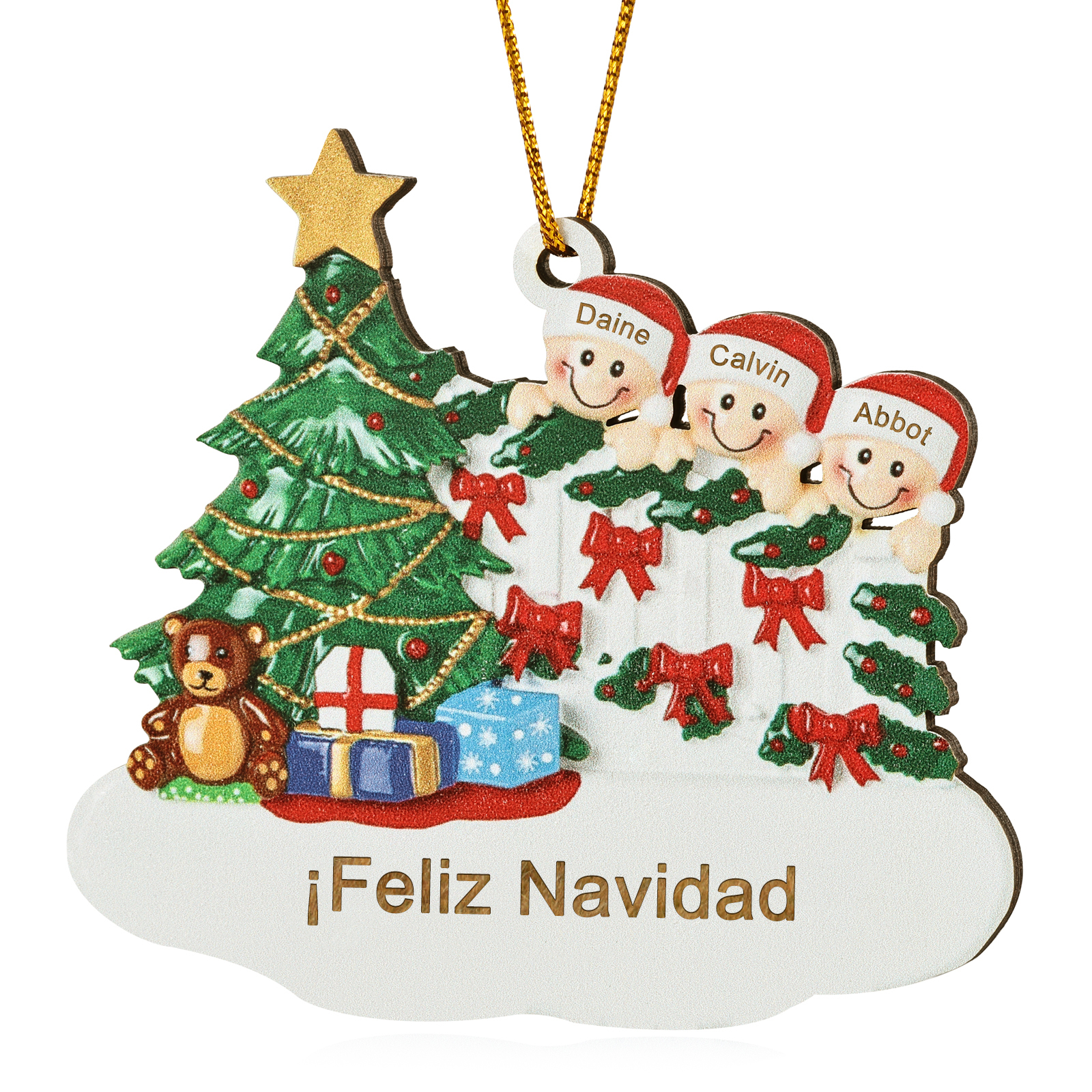 Navidad-Ornamento con muñecos de madera con árbol 3 nombres y texto personalizados | Jessemade