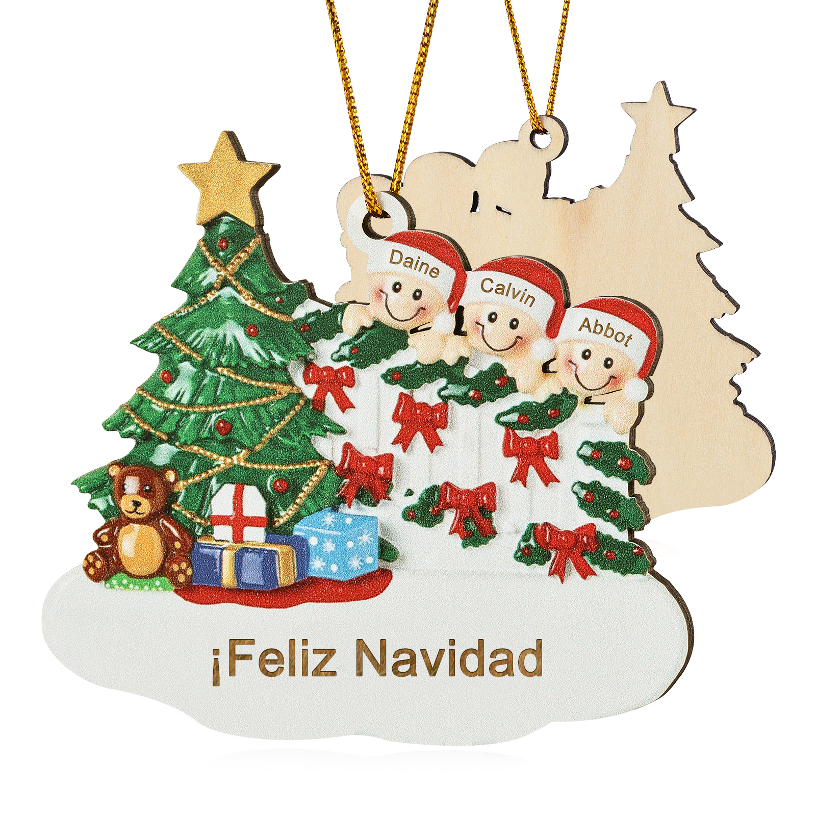 Navidad-Ornamento con muñecos de madera con árbol 3 nombres y texto personalizados | Jessemade