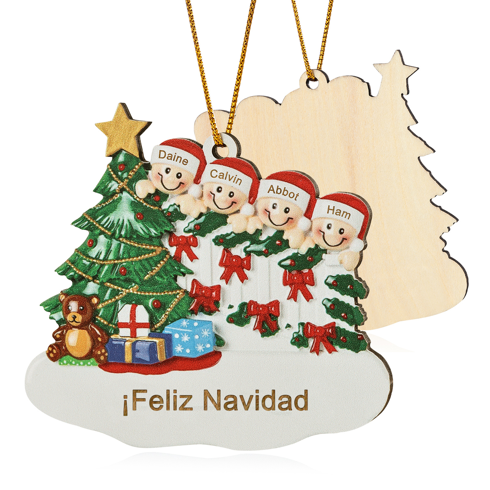 Navidad-Ornamento con muñecos de madera con árbol 4 nombres y texto personalizados | Jessemade