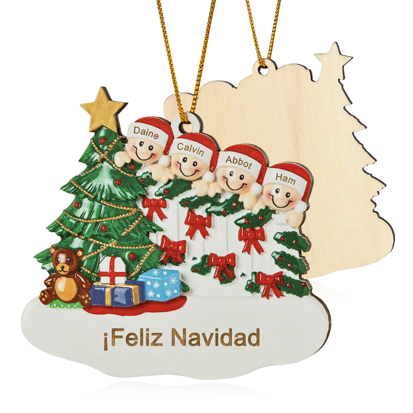 Navidad-Ornamento con muñecos de madera con árbol 4 nombres y texto personalizados | Jessemade
