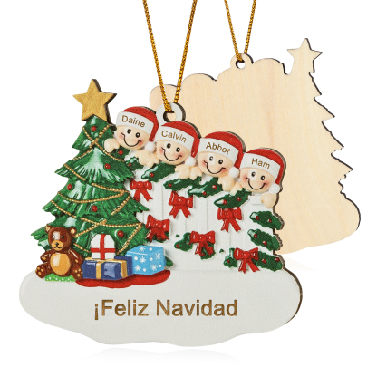 Navidad-Ornamento con muñecos de madera con árbol 4 nombres y texto personalizados | Jessemade