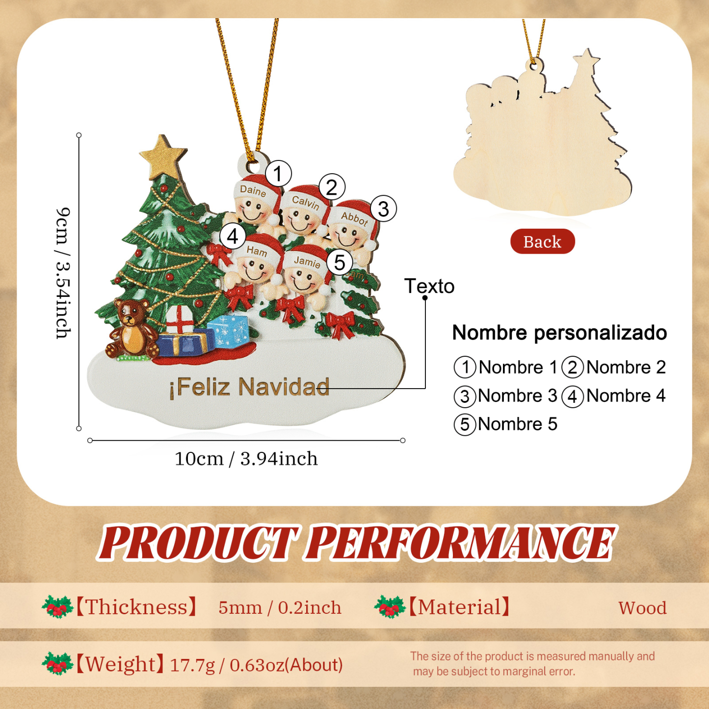 Navidad-Ornamento con muñecos de madera con árbol 5 nombres y texto personalizados | Jessemade