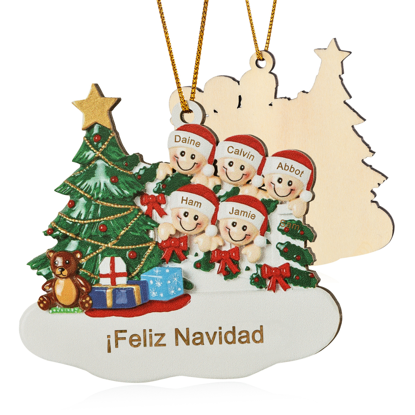 Navidad-Ornamento con muñecos de madera con árbol 5 nombres y texto personalizados | Jessemade