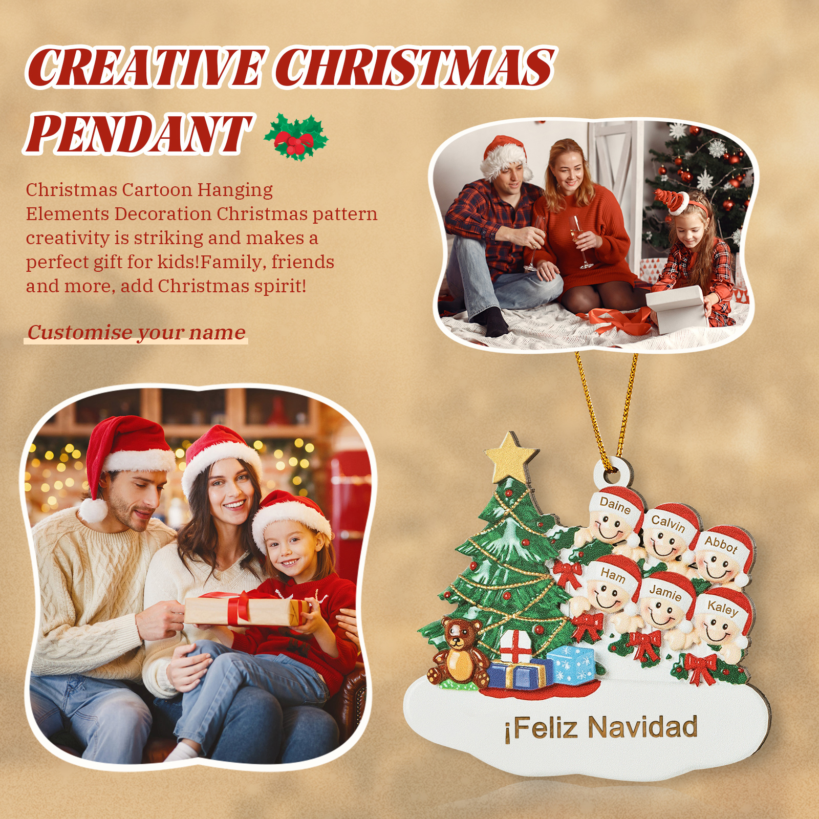 Navidad-Ornamento con muñecos de madera con árbol 6 nombres y texto personalizados | Jessemade