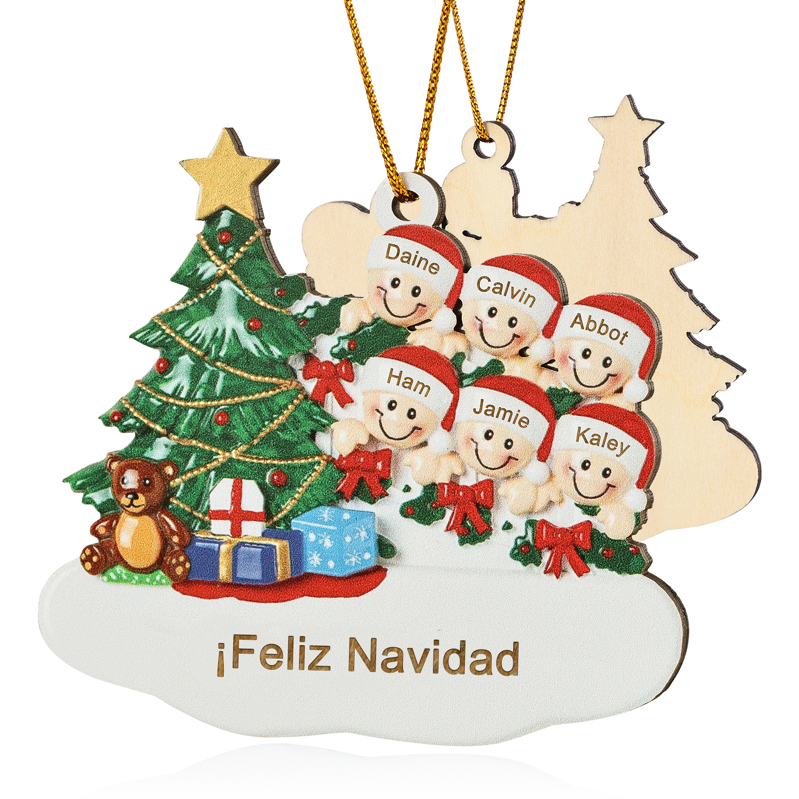 Navidad-Ornamento con muñecos de madera con árbol 6 nombres y texto personalizados | Jessemade