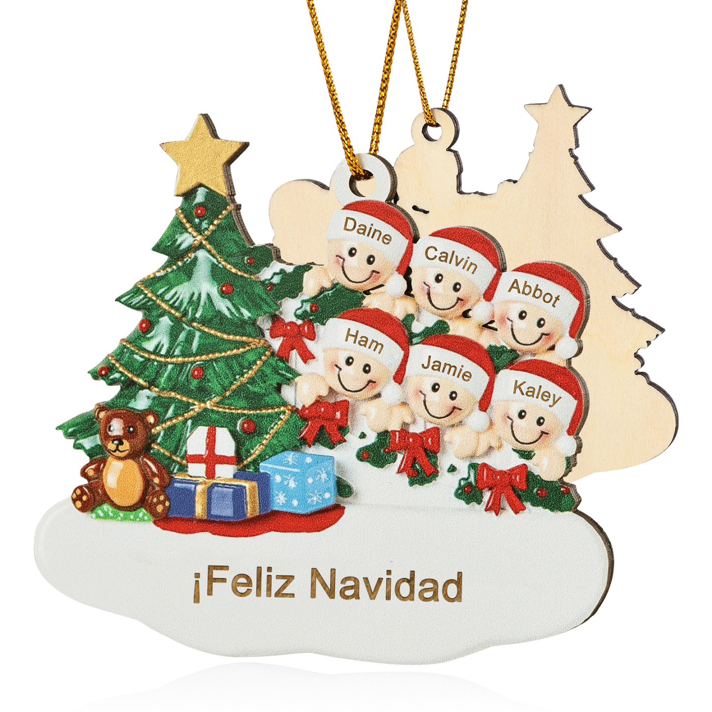 Navidad-Ornamento con muñecos de madera con árbol 6 nombres y texto personalizados | Jessemade