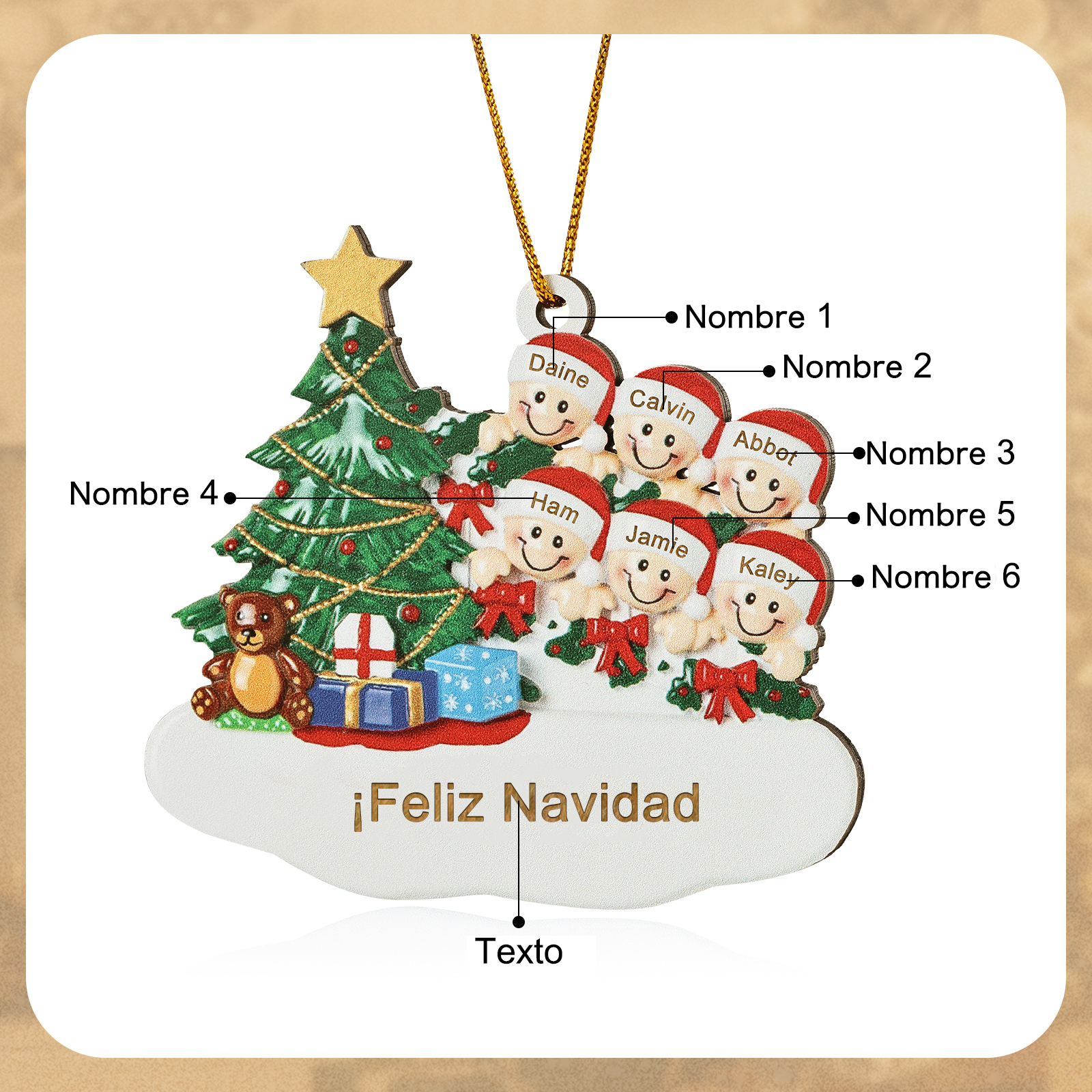 Navidad-Ornamento con muñecos de madera con árbol 6 nombres y texto personalizados | Jessemade