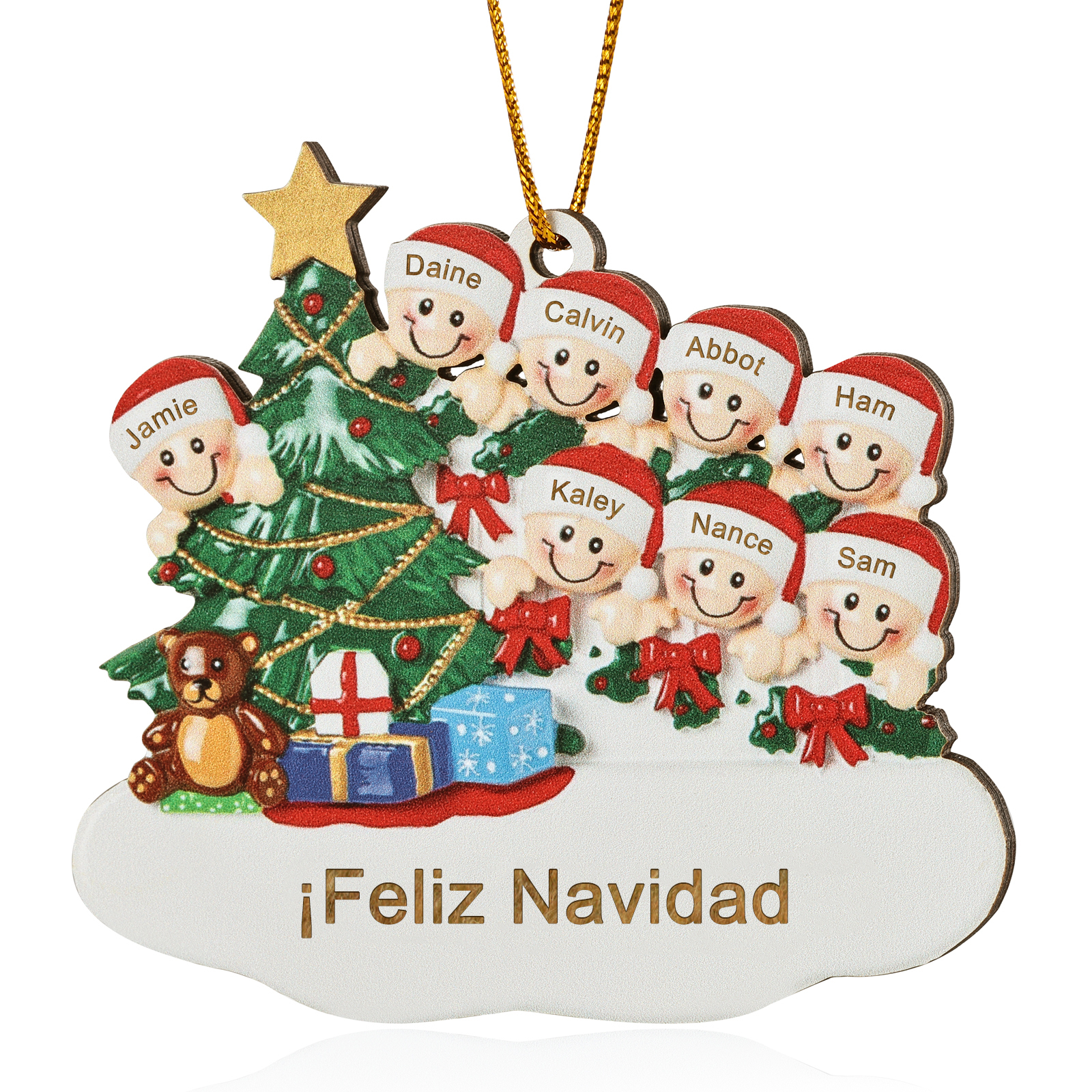 Navidad-Ornamento con muñecos de madera con árbol 8 nombres y texto personalizados | Jessemade