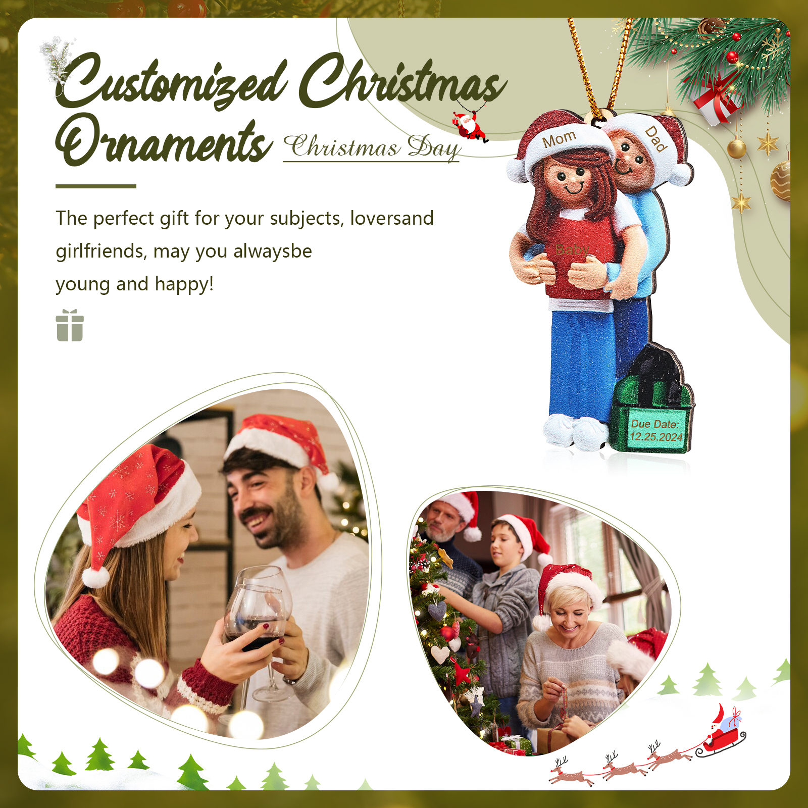 Navidad-Ornamento con Muñecos de Madera de Pareja Mamá Embarazada 3 Nombres y Fecha Personalizados | Jessemade