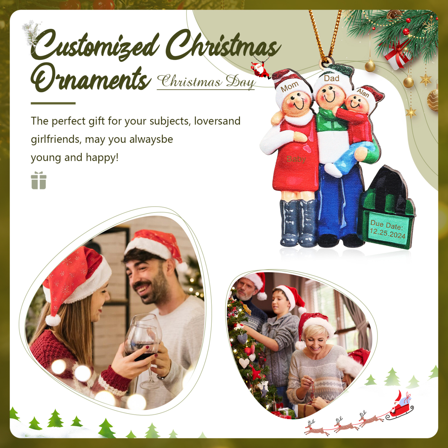 Navidad-Ornamento con Muñecos de Madera de Familia Mamá Embarazada 4 Nombres y Fecha Personalizados | Jessemade