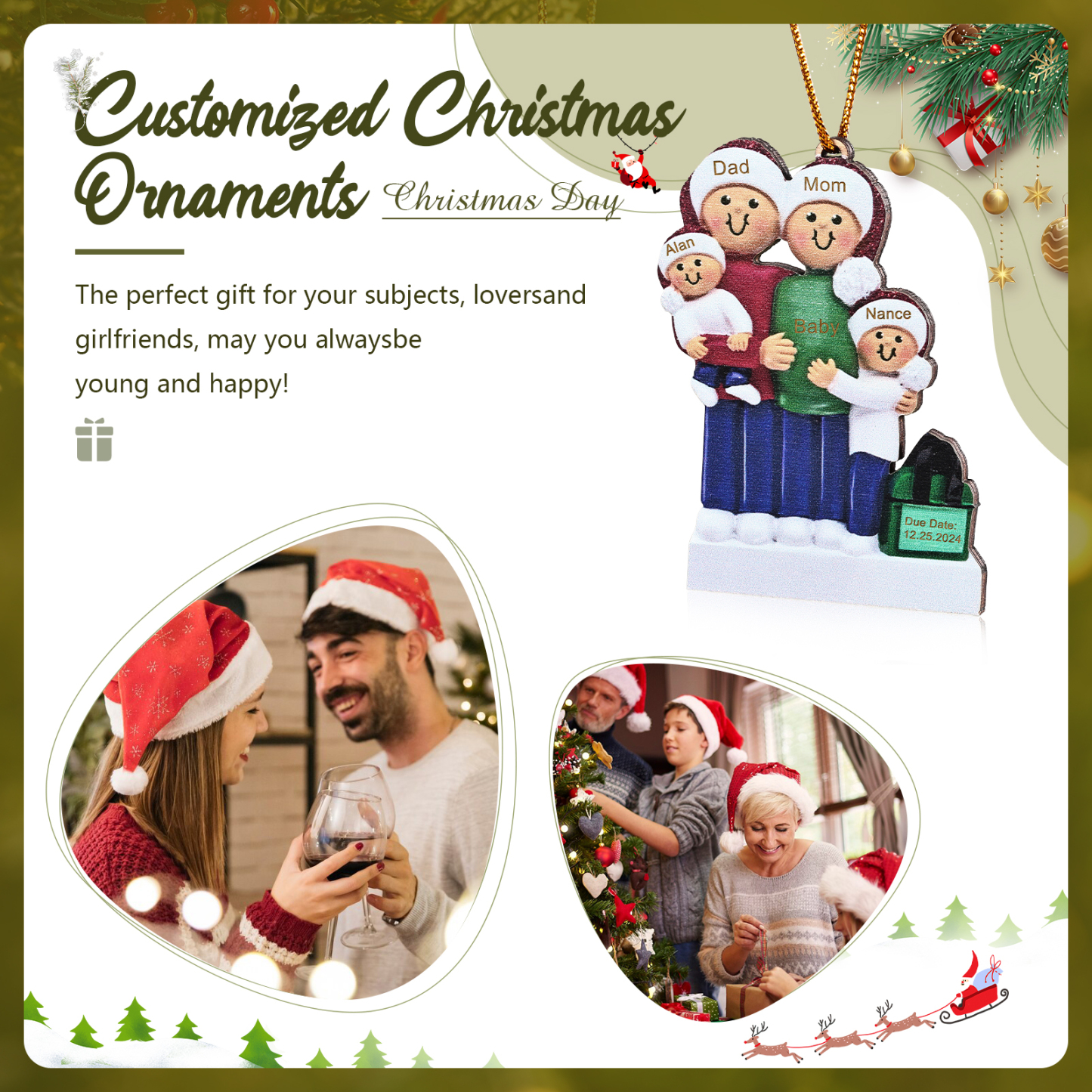 Navidad-Ornamento con Muñecos de Madera de Familia Mamá Embarazada 5 Nombres y Fecha Personalizados | Jessemade