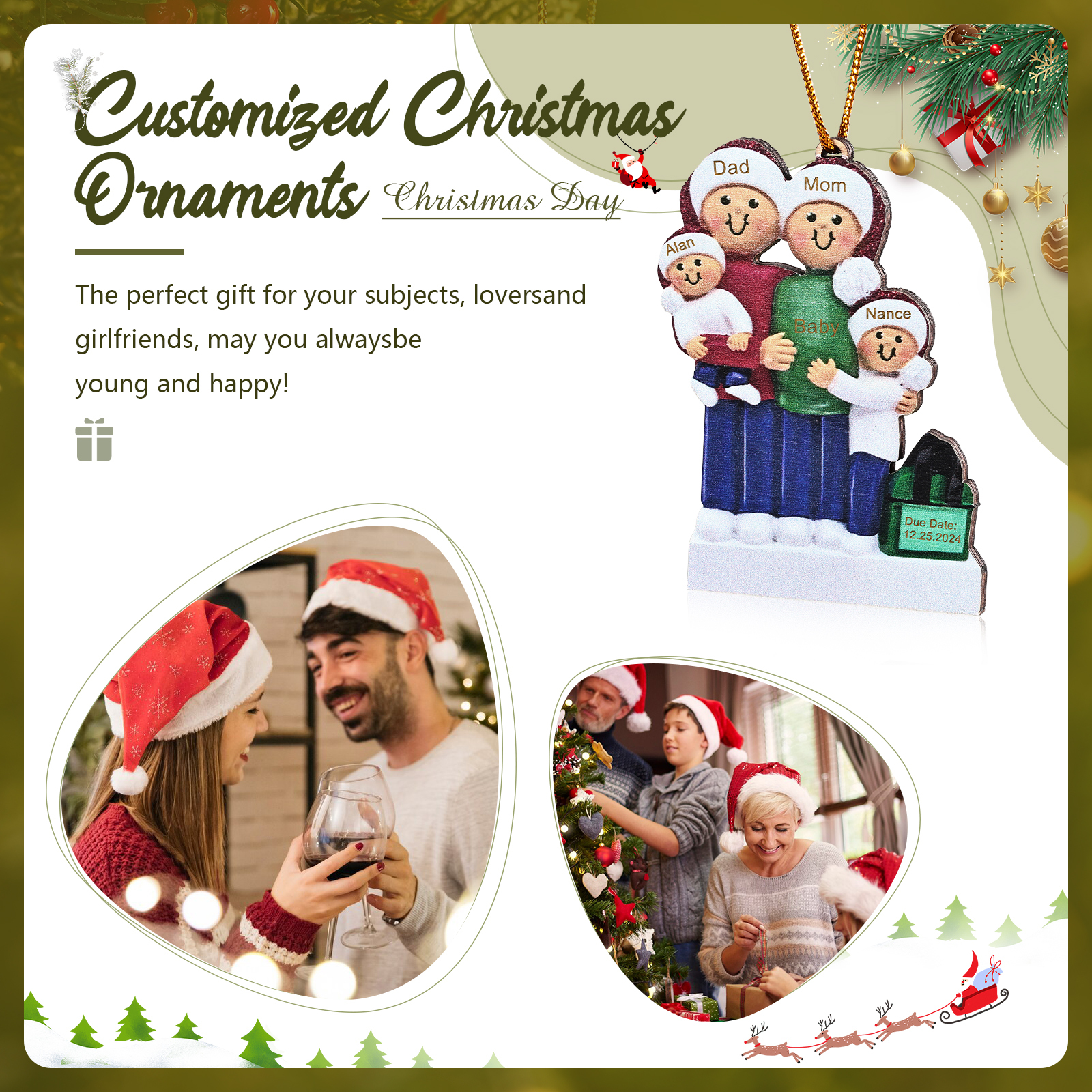 Navidad-Ornamento con Muñecos de Madera de Familia Mamá Embarazada 5 Nombres y Fecha Personalizados | Jessemade