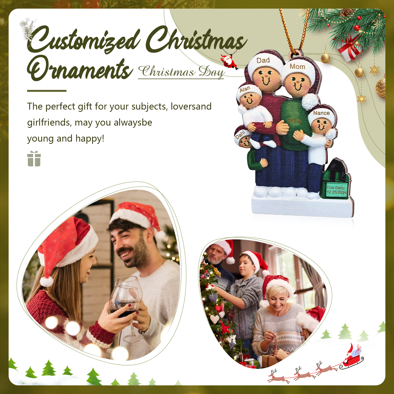 Navidad-Ornamento con Muñecos de Madera de Familia Mamá Embarazada 6 Nombres y Fecha Personalizados | Jessemade