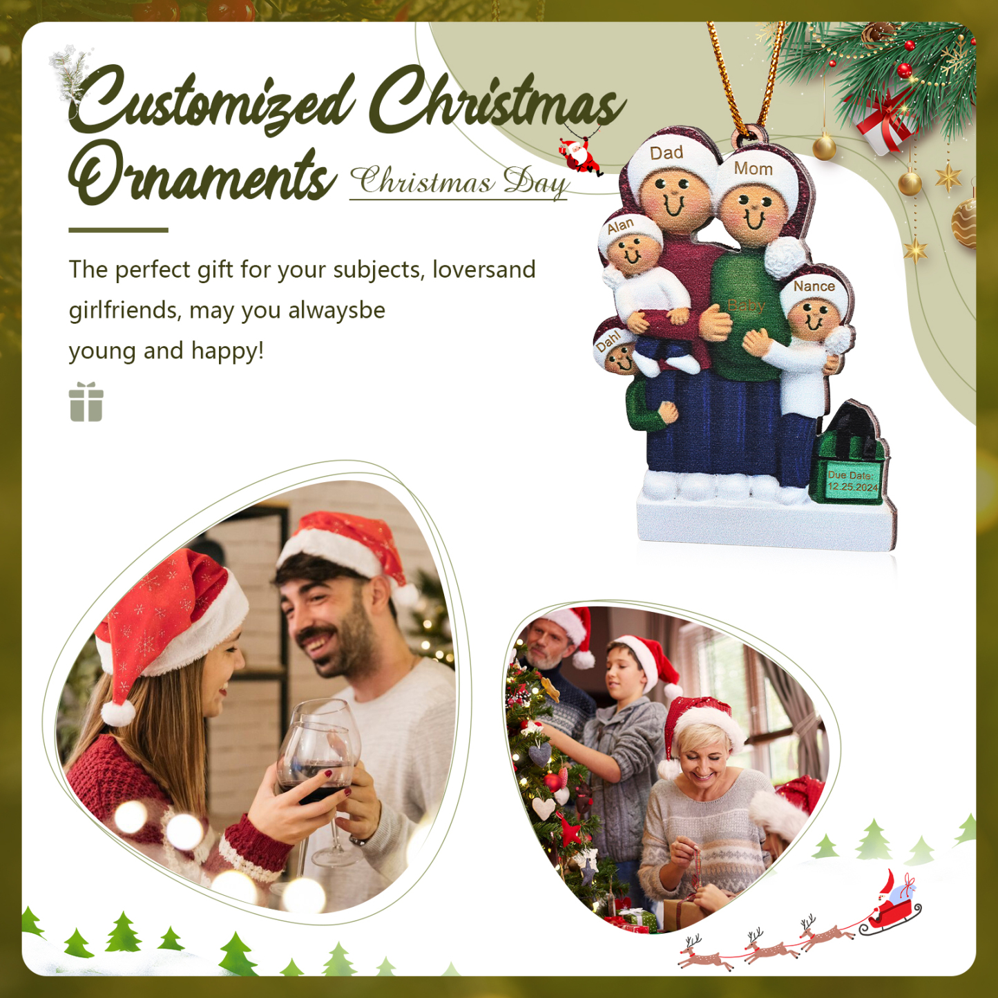 Navidad-Ornamento con Muñecos de Madera de Familia Mamá Embarazada 6 Nombres y Fecha Personalizados | Jessemade