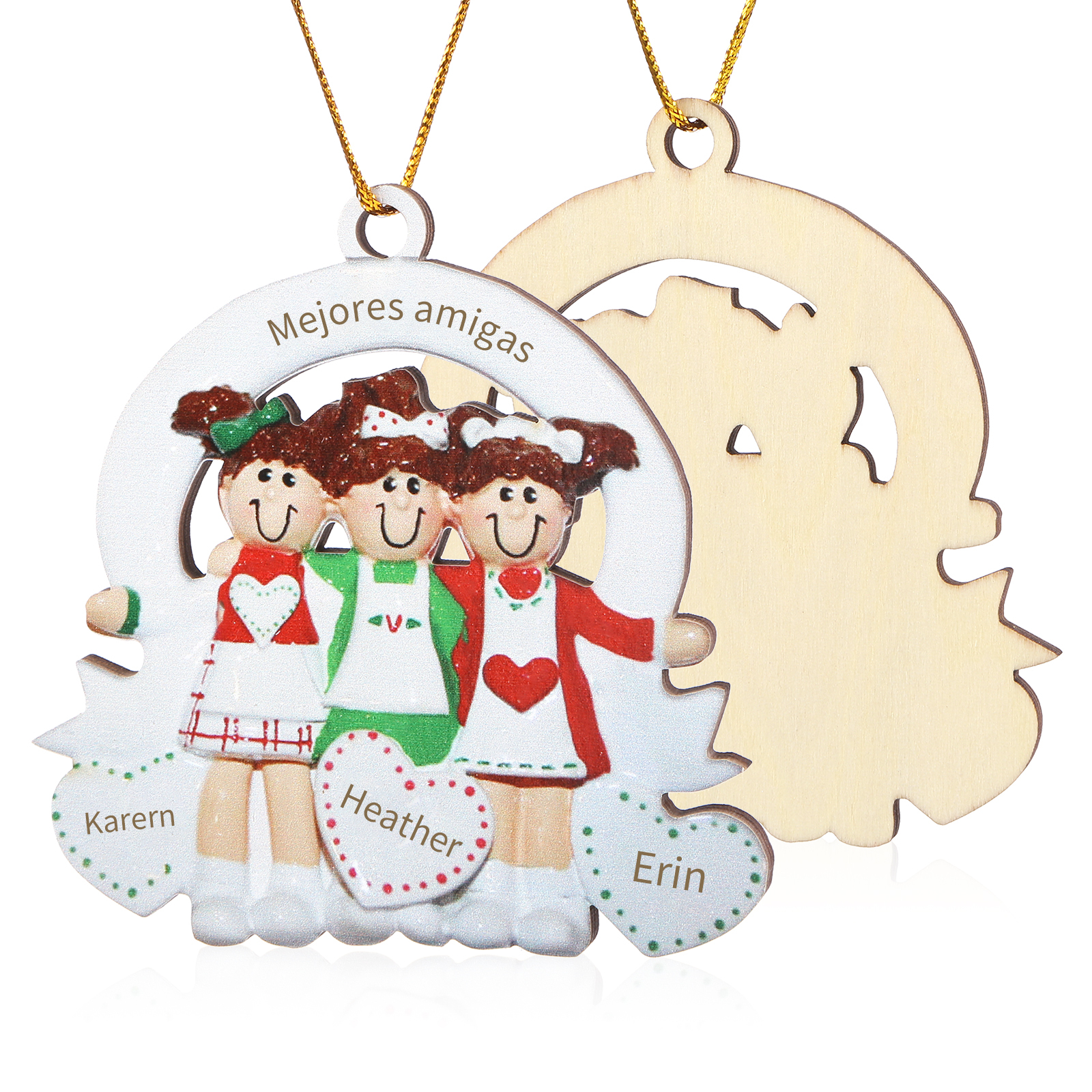 Navidad-Ornamento con muñecos de madera de hermanas/amigas 3 nombres y 1 texto personalizados | Jessemade