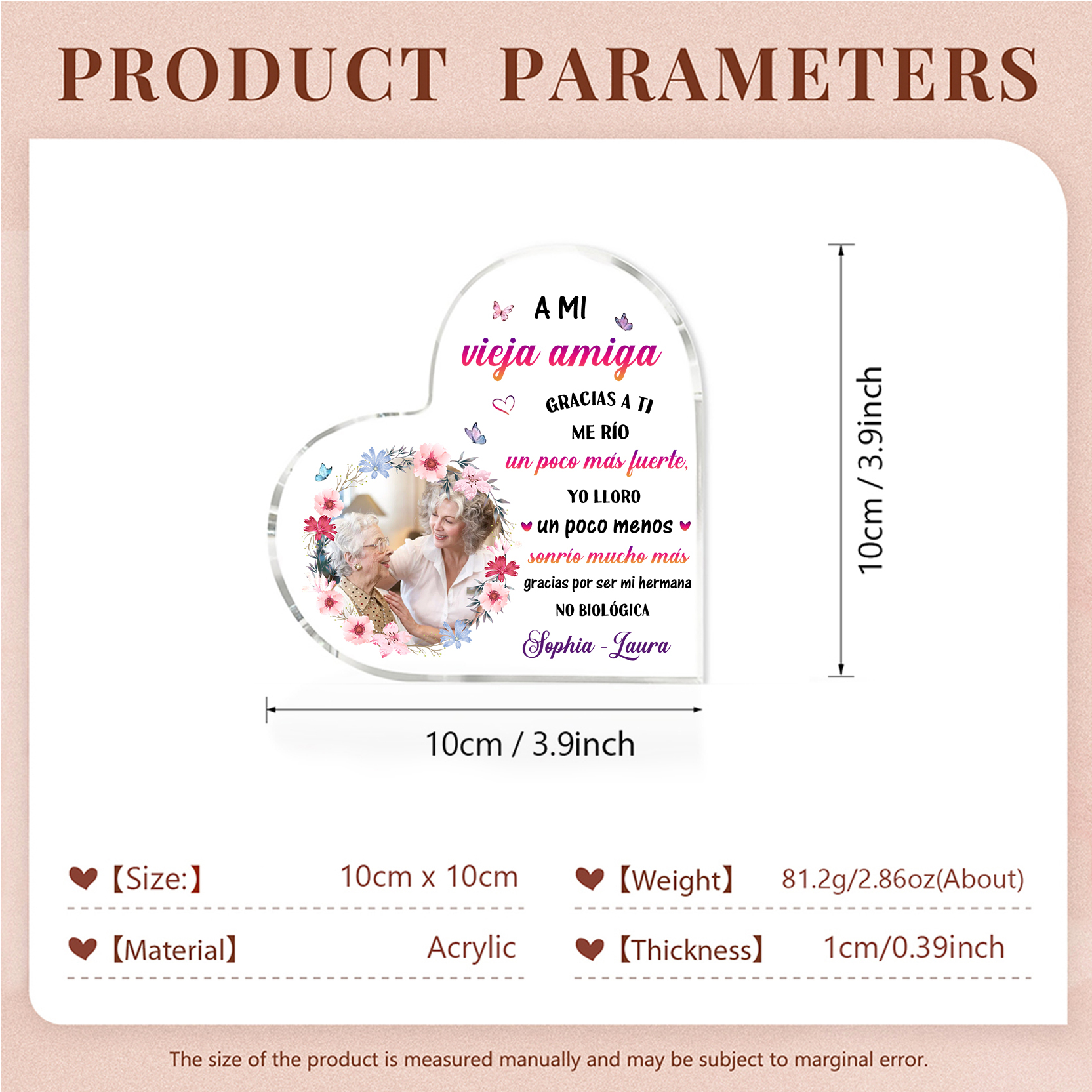 Placa de acrílico en forma de corazón para amiga con 2 nombres y foto personalizados | Jessemade