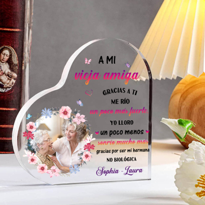 Placa de acrílico en forma de corazón para amiga con 2 nombres y foto personalizados | Jessemade