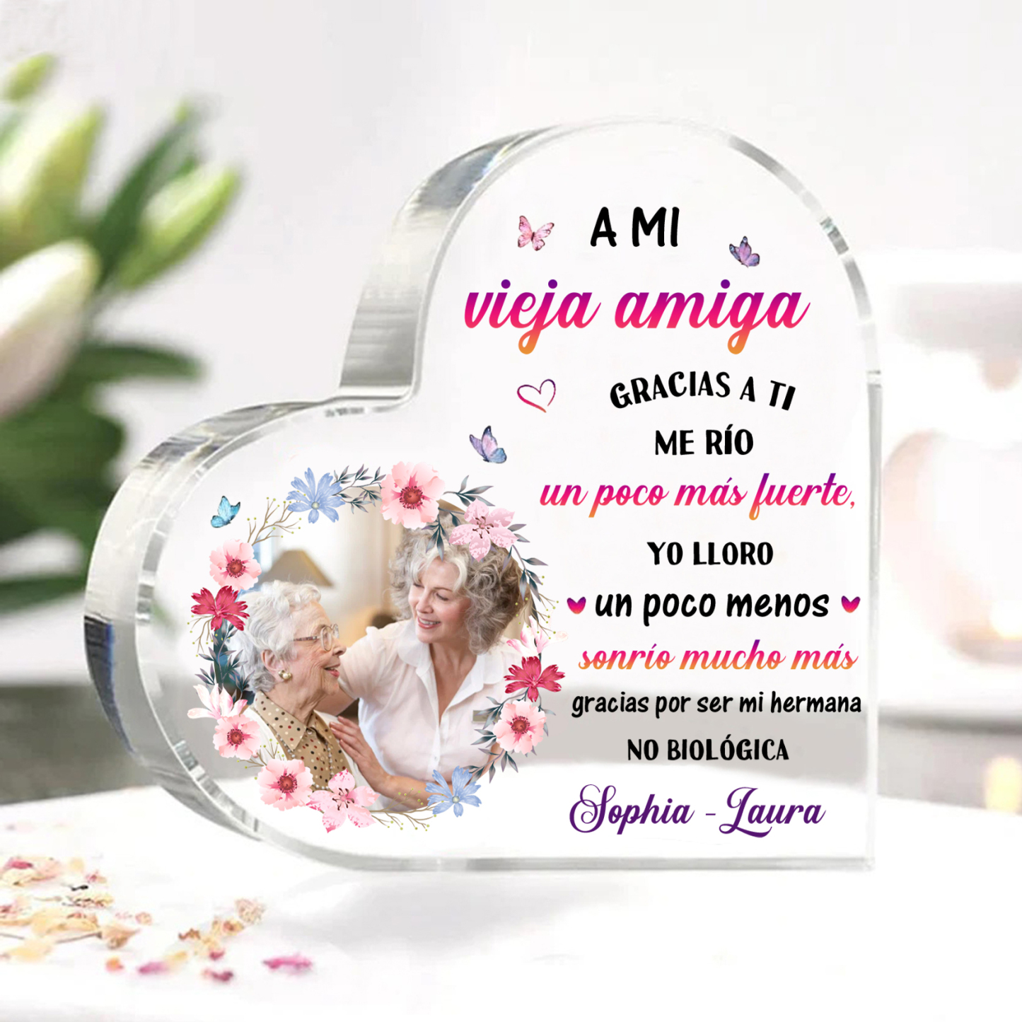 Placa de acrílico en forma de corazón para amiga con 2 nombres y foto personalizados | Jessemade