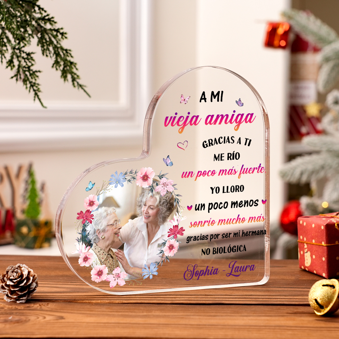 Placa de acrílico en forma de corazón para amiga con 2 nombres y flore
