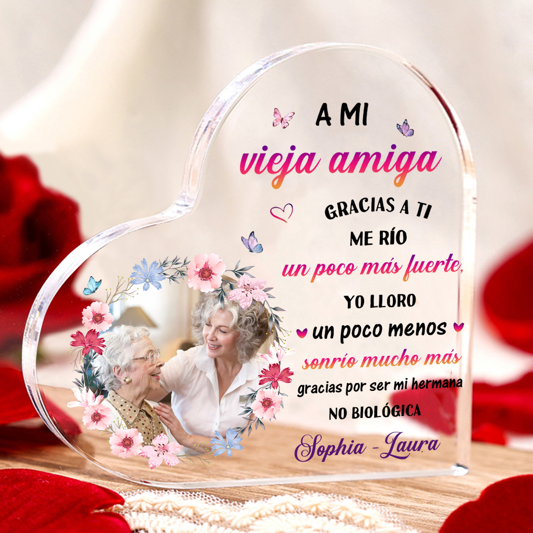 Placa de acrílico en forma de corazón para amiga con 2 nombres y foto personalizados | Jessemade