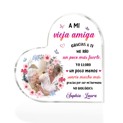 Placa de acrílico en forma de corazón para amiga con 2 nombres y foto personalizados | Jessemade
