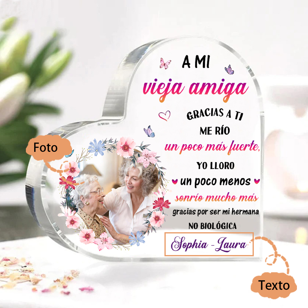 Placa de acrílico en forma de corazón para amiga con 2 nombres y foto personalizados | Jessemade