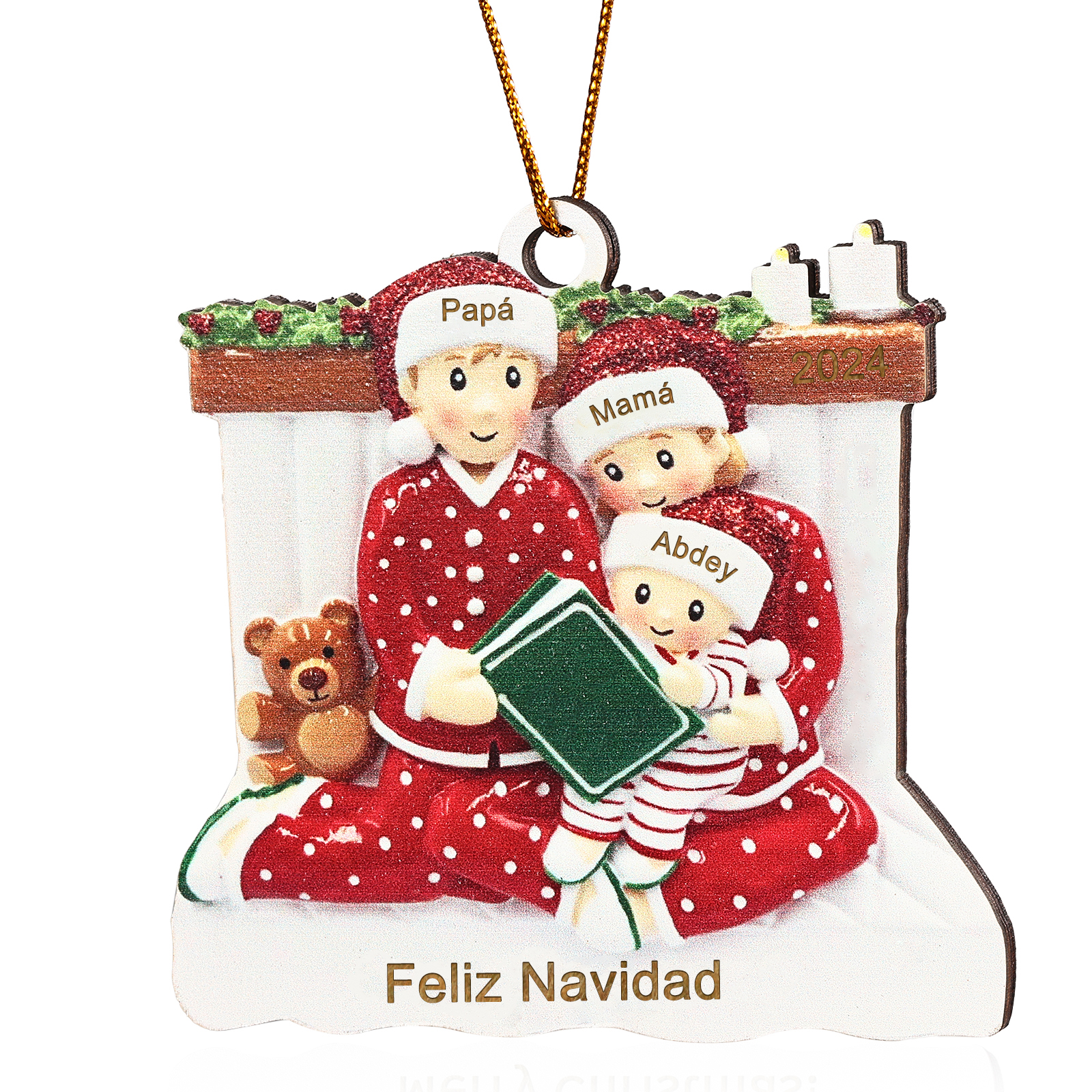 Navidad-Ornamento con muñecos de madera familia leyendo 3 nombres, año y texto personalizados | Jessemade